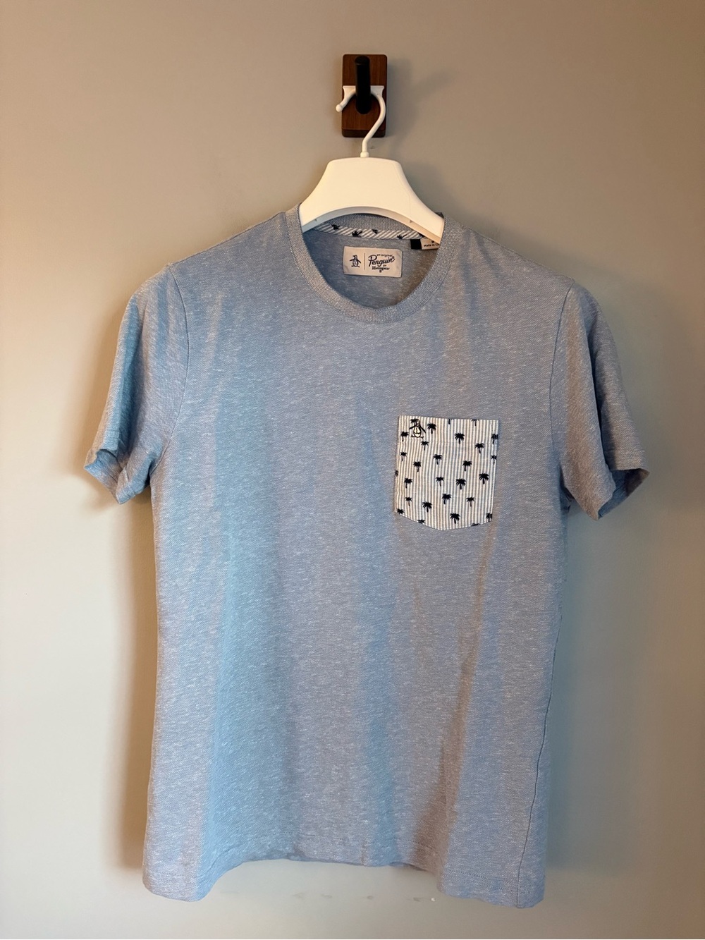 Original Penguin Linen Cotton Blue Pocket T Shirt Medium Palm Tree Tropical Stri